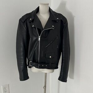 Vintage 70s Black Leather Moto Biker Bomber Jacket  L/XL